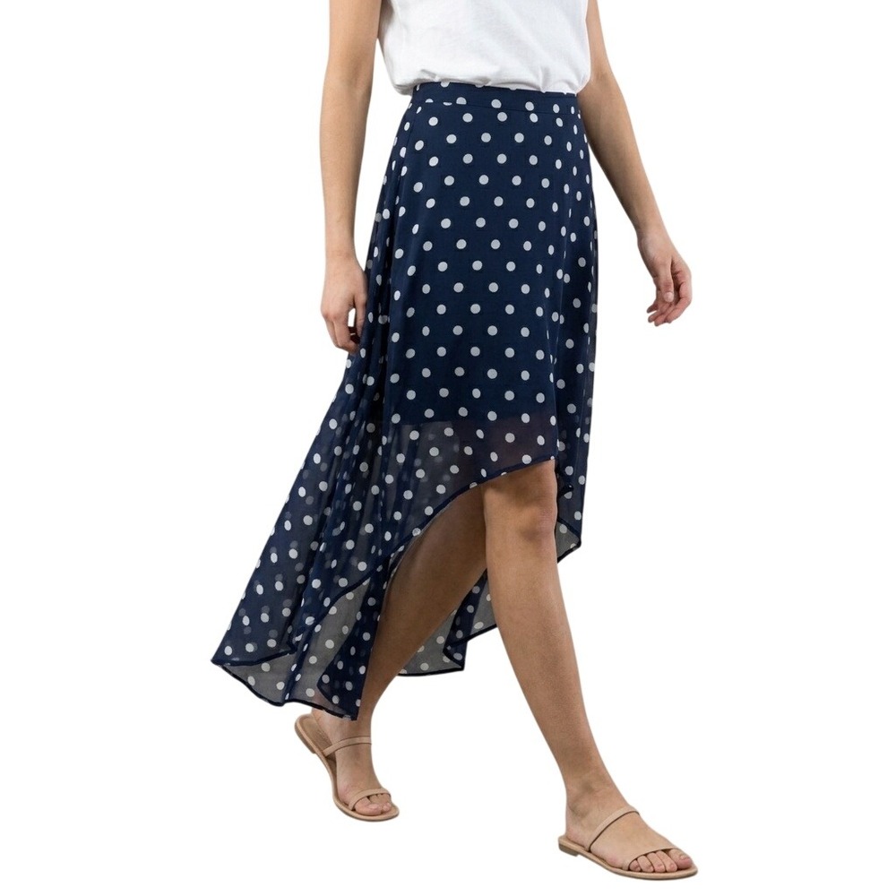 Forever 21 Women Medium Navy Blue Polka Dot High Low Chiffon Lined Layered Skirt
